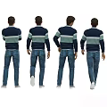Man In Blue And White Long Sleeved Striped Sweater With Blue Jeans In Various Poses