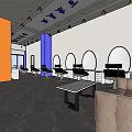 Modern Salon Reception Area With Blue Pillar Round Mirrors Black Chairs And Beige Sofa