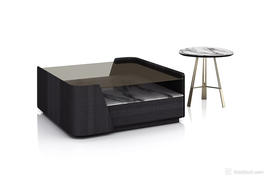 Modern Coffee Table Set With Black Frame Glass Top And Round Marble Side Table 3d model