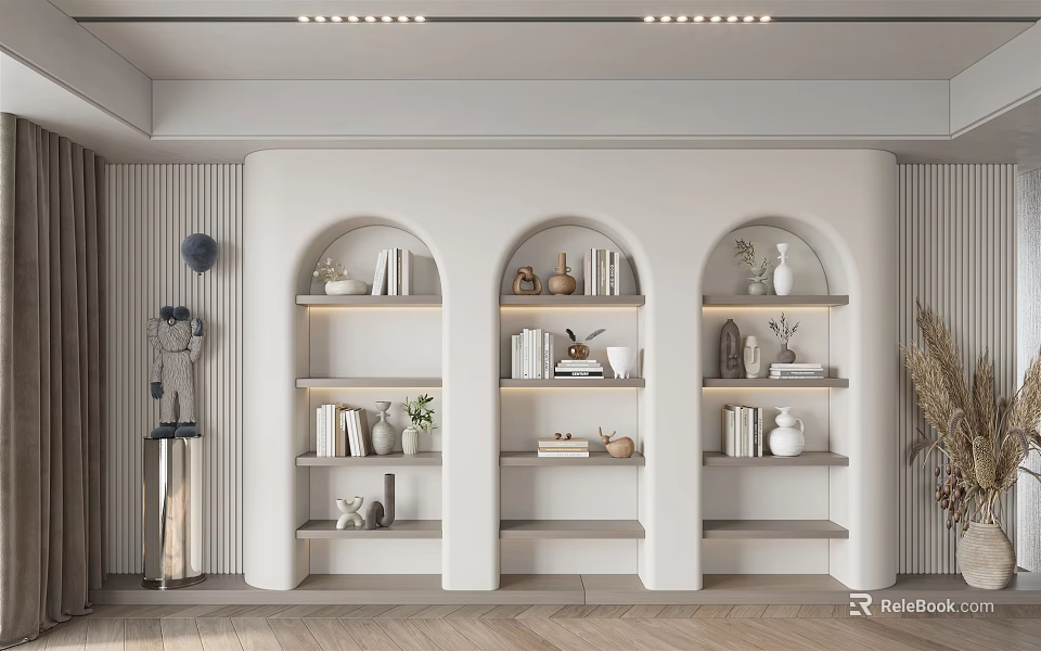 Modern White Arched Bookcase With Books Decorative Vases And Soft Lighting 3d model 