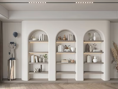 Modern White Arched Bookcase With Books Decorative Vases And Soft Lighting 3d model