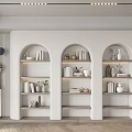 Modern White Arched Bookcase With Books Decorative Vases And Soft Lighting