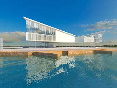 Modern Office Building with Glass Curtain Walls White Facade and Waterfront Wooden Platforms Over Water 3d model