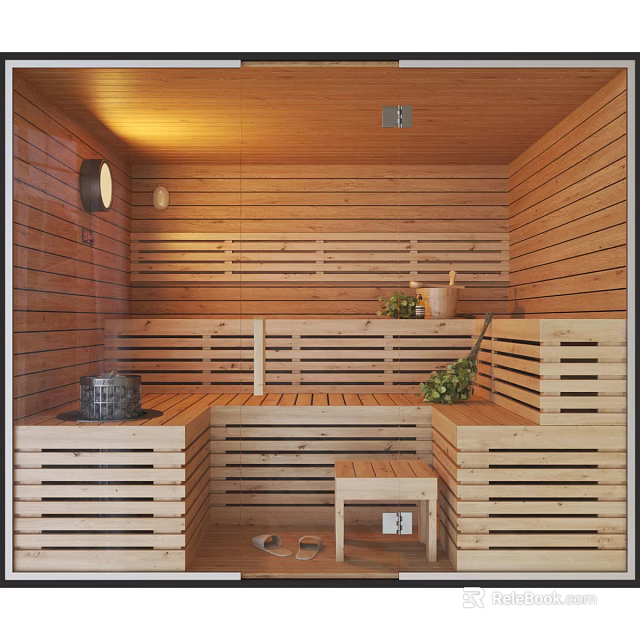 Relaxing SPA Sauna Room with Wooden Benches Traditional Stove Green Plants and Warm Lighting 3d model 