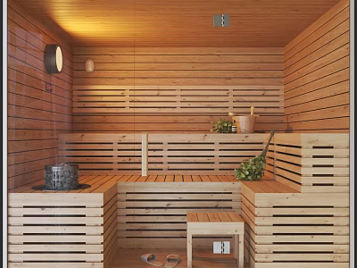 Relaxing SPA Sauna Room with Wooden Benches Traditional Stove Green Plants and Warm Lighting 3d model