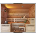 Relaxing SPA Sauna Room with Wooden Benches Traditional Stove Green Plants and Warm Lighting