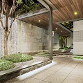 Garden Landscape With Glass Roof Outdoor Seating Water Feature And Red Maple Trees