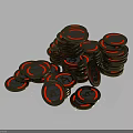 Stacked Coins with Red and Black Design and Symbol on Dark Background