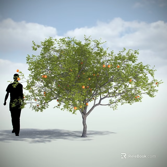 Green Leafy Tree With Orange Fruits And Walking Person Silhouette Under Blue Sky 3d model 