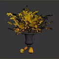 Autumn Plant Bouquet With Yellow Orange Leaves Black Berries Vase And Pumpkins On Dark Background