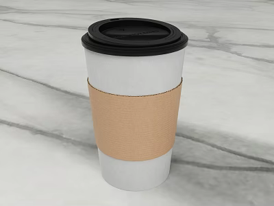 White Paper Cup With Black Lid And Brown Paper Sleeve On Marble Tabletop 3d model