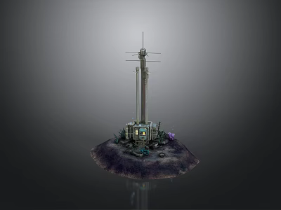 3D Render of Communication Tower With Base Station and Surrounding Equipment on Dark Platform 3d model