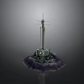3D Render of Communication Tower With Base Station and Surrounding Equipment on Dark Platform