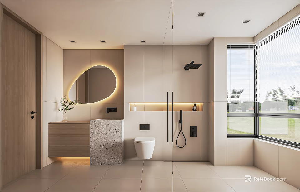 Modern Bathroom Interior With Oval Backlit Mirror Stone Vanity Large Window And Glass Shower 3d model 