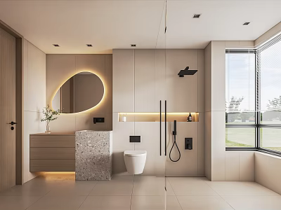 Modern Bathroom Interior With Oval Backlit Mirror Stone Vanity Large Window And Glass Shower 3d model