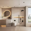 Modern Bathroom Interior With Oval Backlit Mirror Stone Vanity Large Window And Glass Shower
