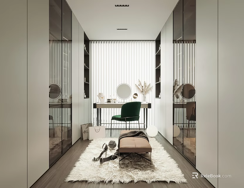 Modern Walk in Closet Interior With Mirrored Cabinets Dressing Table Green Chair And Fur Rug 3d model 