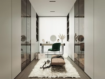 Modern Walk in Closet Interior With Mirrored Cabinets Dressing Table Green Chair And Fur Rug 3d model