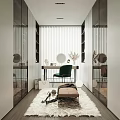 Modern Walk in Closet Interior With Mirrored Cabinets Dressing Table Green Chair And Fur Rug