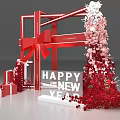 Floral Installation with Red Gift Boxes Large Bow Happy New Year Sign for Holiday