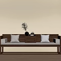 Traditional Chinese Style Wooden Daybed with Gray Cushions Small Table and Plant Vase