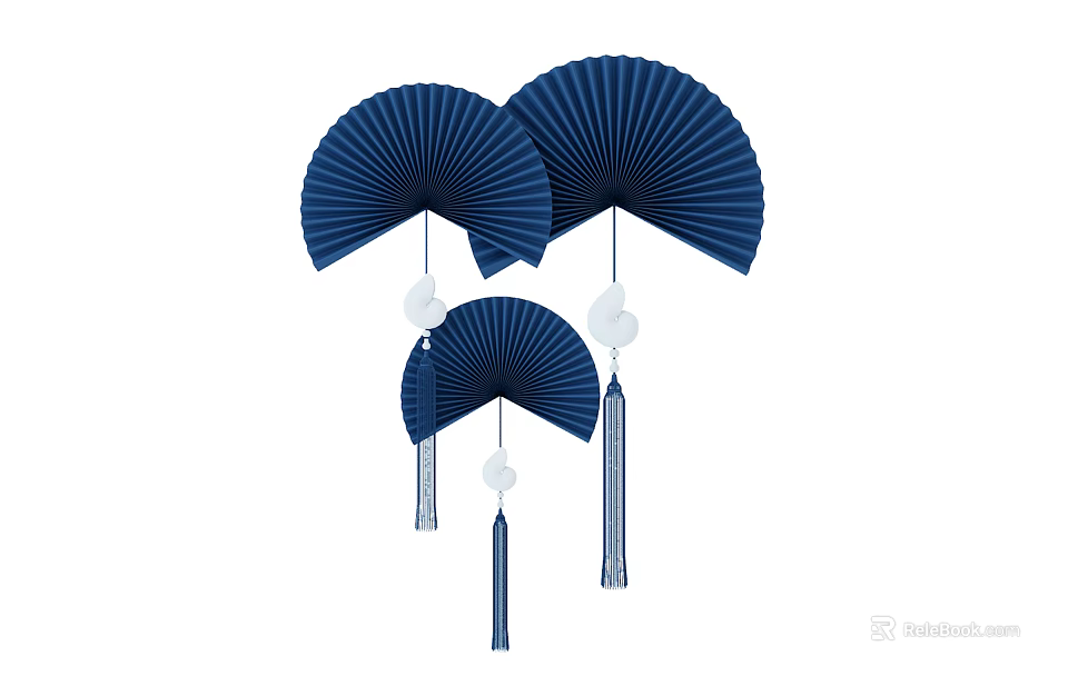 Elegant Blue Fan Shaped Hanging Decor With White Balls And Tassels 3d model 