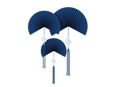 Elegant Blue Fan Shaped Hanging Decor With White Balls And Tassels 3d model