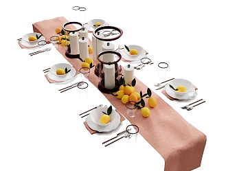 Tableware Dinner Plate Knife and Fork Wine Glass Wine Set Dining Cloth Candlestick Bowl Fruit Lemon 3d model