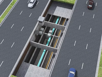 Modern Road Infrastructure With Two Way Lanes Underground Tunnel And Driving Vehicles 3d model
