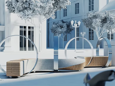 Modern Outdoor Chair With Curved Metal Frame And Wooden Panels Near Trees And Street Lamps 3d model