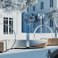 Modern Outdoor Chair With Curved Metal Frame And Wooden Panels Near Trees And Street Lamps