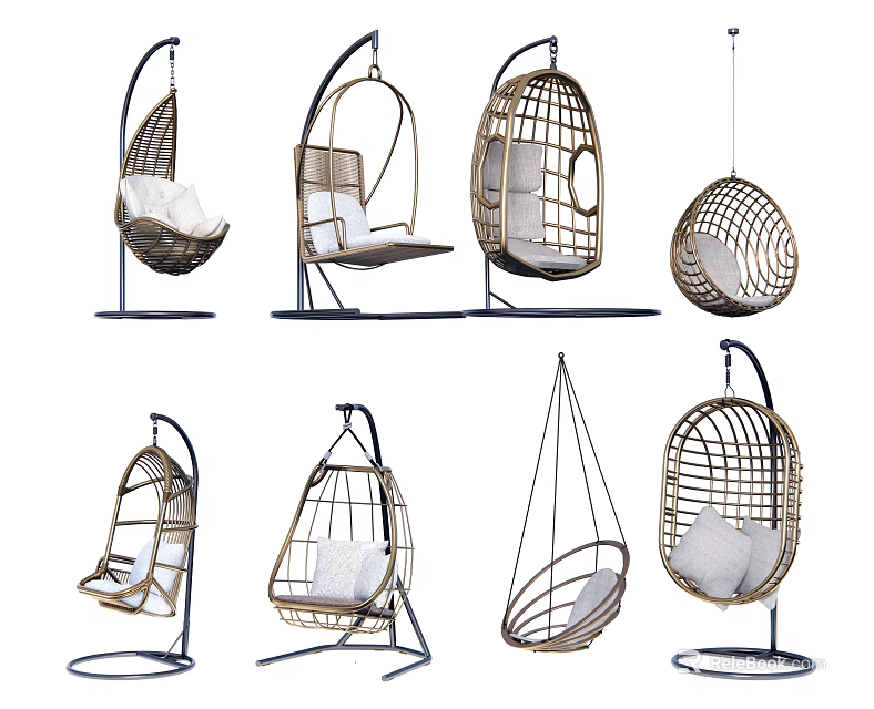 Stylish Wicker Hammock Chairs with Various Designs Stands and Comfortable Cushions 3d model 