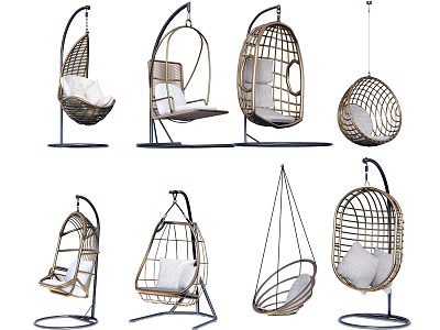 Stylish Wicker Hammock Chairs with Various Designs Stands and Comfortable Cushions 3d model