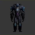 Dark Armored Character With Mythical Creature Inspired Design And Blue Glowing Parts