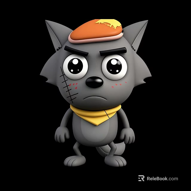 Game Cartoon Character Gray Wolf with Orange Star Hat Yellow Scarf Scars and Serious Expression 3d model 