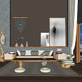 Modern Living Room Sofa and Coffee Table Set with Wall Art Rug and Floor Lamp
