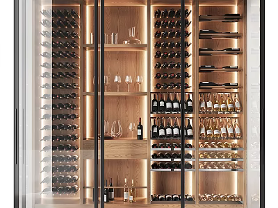 Elegant Modern Wine Cabinet With Wooden Shelves Lighting Wine Bottles And Glasses 3d model