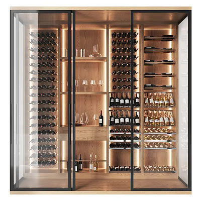 Elegant Modern Wine Cabinet With Wooden Shelves Lighting Wine Bottles And Glasses 3d model