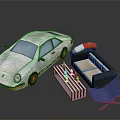 White Car Black Sofa Blue White Striped Deck Chair And Side Table With Green Plants