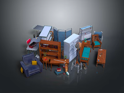 Modern Interior Furniture Collection Including Bookshelf Sofa Desk Table Chair And Refrigerator 3d model
