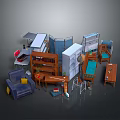 Modern Interior Furniture Collection Including Bookshelf Sofa Desk Table Chair And Refrigerator