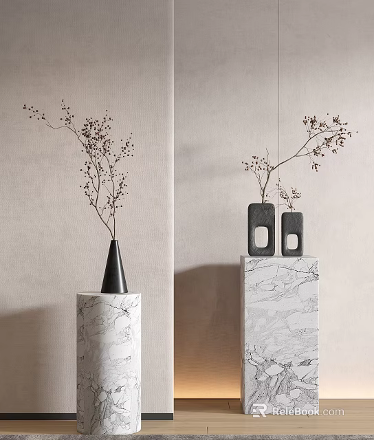 Decorative Black Conical And Different Shaped Vases With Branches And Small Fruits On Marble Pedestals 3d model 