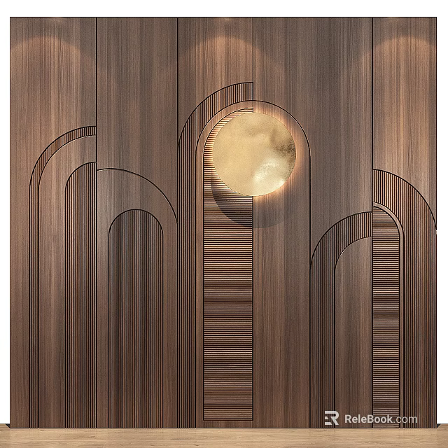 Modern Wooden Accent Wall With Curved Patterns And Circular Light 3d model 