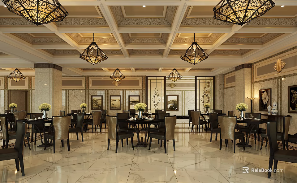 Elegant Banquet Hall Featuring Ornate Chandeliers Decorative Ceiling And Marble Flooring 3d model 