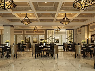 Elegant Banquet Hall Featuring Ornate Chandeliers Decorative Ceiling And Marble Flooring 3d model