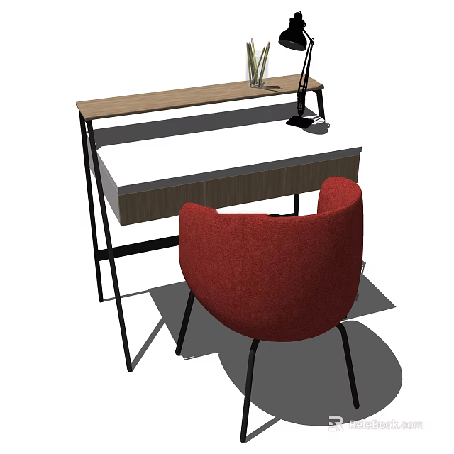 Modern Wooden Desk With Red Chair Lamp And Vase On Top 3d model 