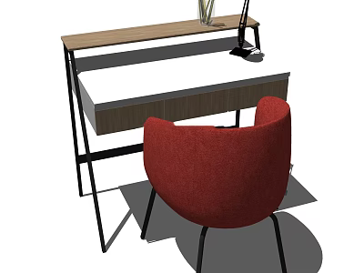 Modern Wooden Desk With Red Chair Lamp And Vase On Top 3d model