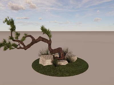 Curved Pine Tree Featuring Green Foliage Stones Grass and White Clouds under Blue Sky 3d model