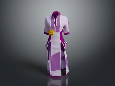 Man wearing purple and white robe with purple decorations and yellow pouch 3d model