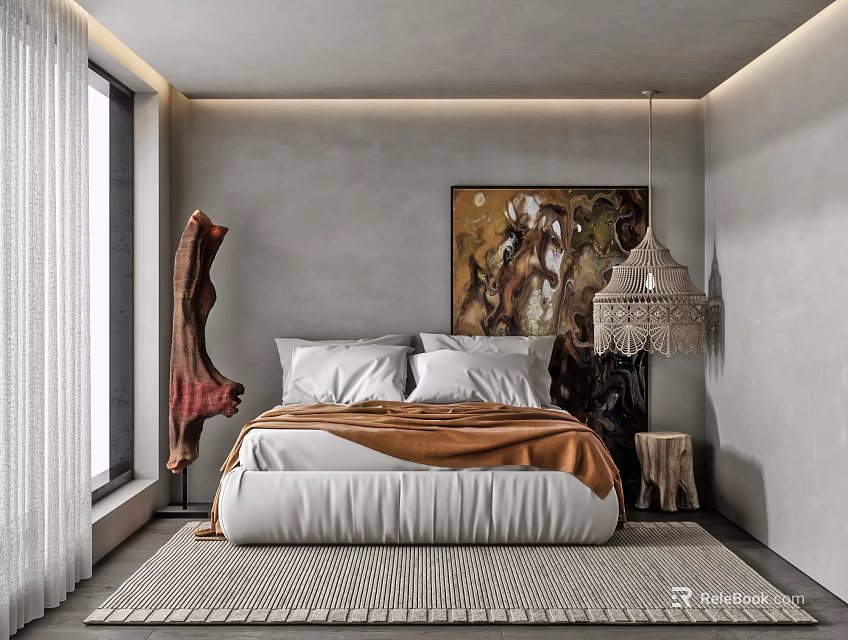 Bedroom With Gray Walls Large Window White Curtains Bed Painting Chandelier White Pillows Brown Blanket 3d model 
